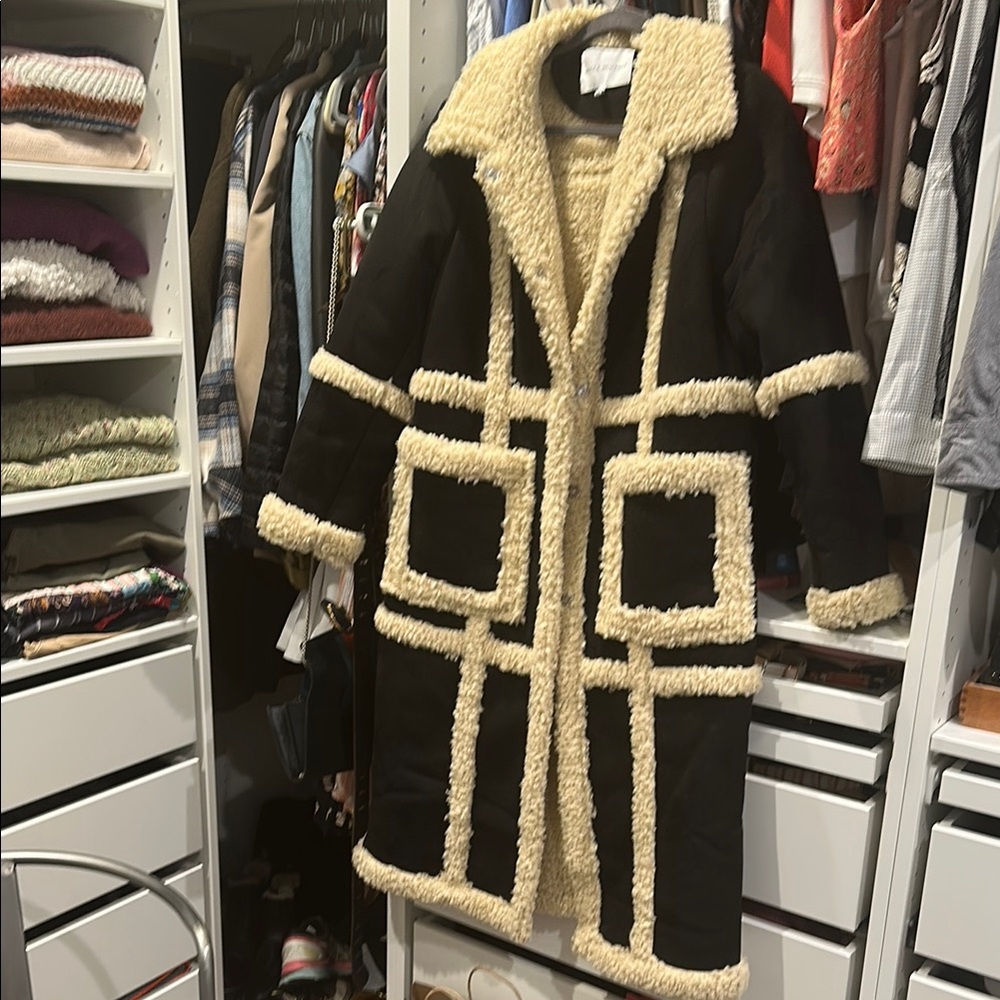 Rebecca Minkoff Black and Cream Teddy Jacket with Shearling Trim
